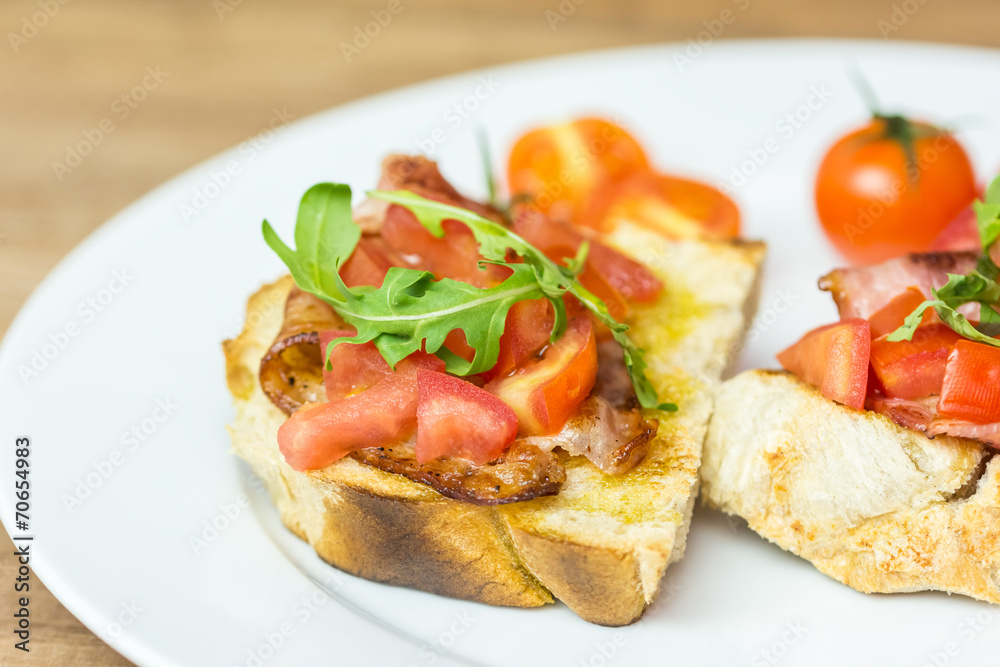 Italian Bruschetta Sandwich With Bacon, Rucola And Tomatoes