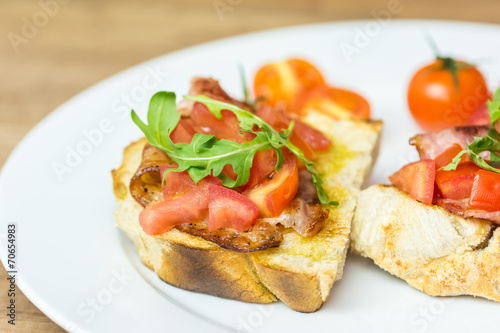 Italian Bruschetta Sandwich With Bacon  Rucola And Tomatoes