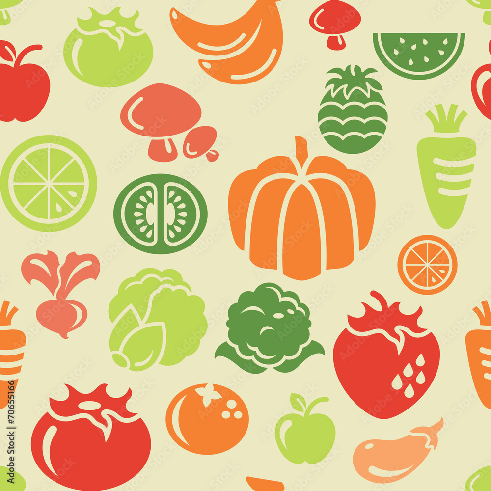 Food and Vegetable Icons in Seamless Background Food and Vegetable Icons in Seamless Background