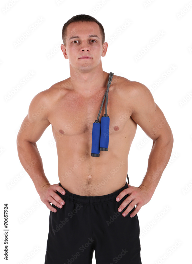 Handsome young sportsman holding rope isolated on white Handsome young sportsman holding rope isolated on white