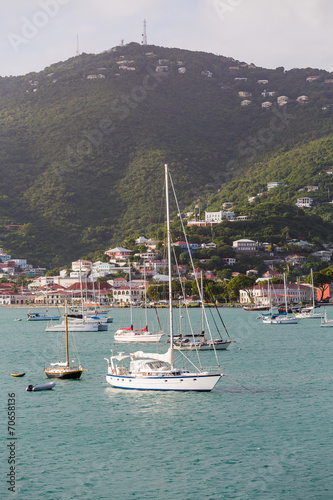 White Sailboats in St Thomas Bay Vertical