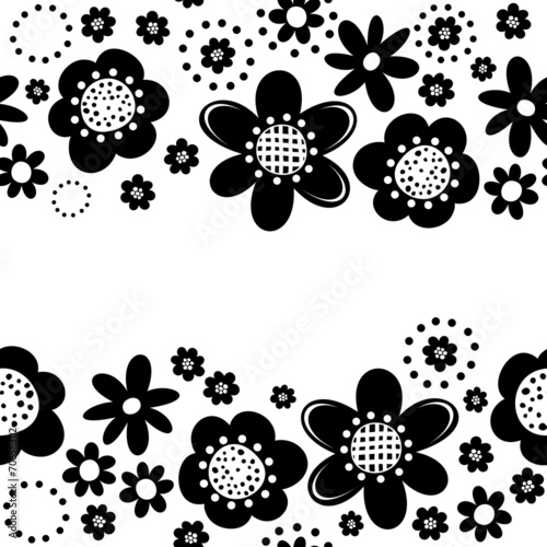 czarne kwiaty i kropki poziomy border na białym tle
