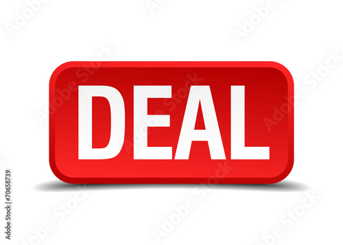 Deal red 3d square button isolated on white background