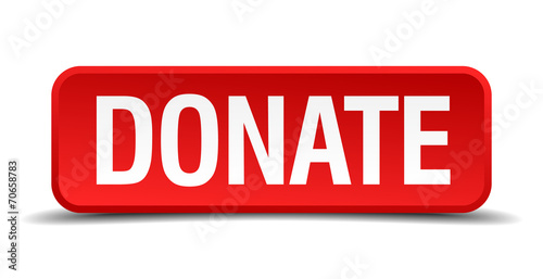 Donate red 3d square button isolated on white background