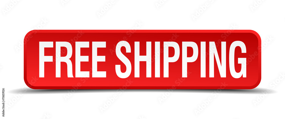 free shipping red 3d square button isolated on white background