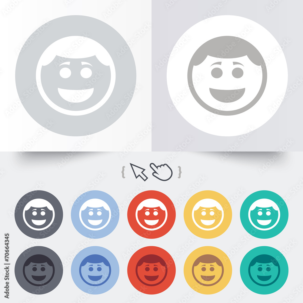 Smile face icon. Smiley with hairstyle symbol.