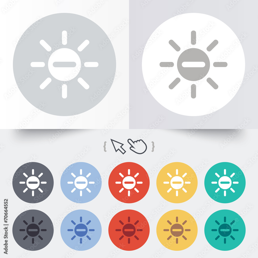 Sun minus sign icon. Heat symbol. Brightness. Sun minus sign icon. Heat symbol. Brightness.