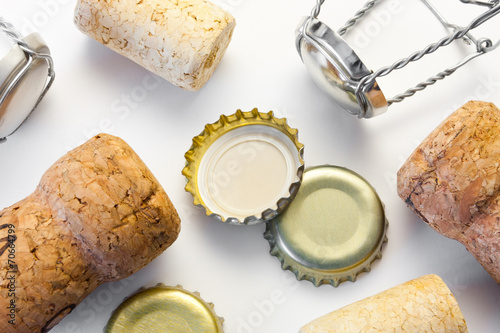 Various wine corks and bottle caps after wild party