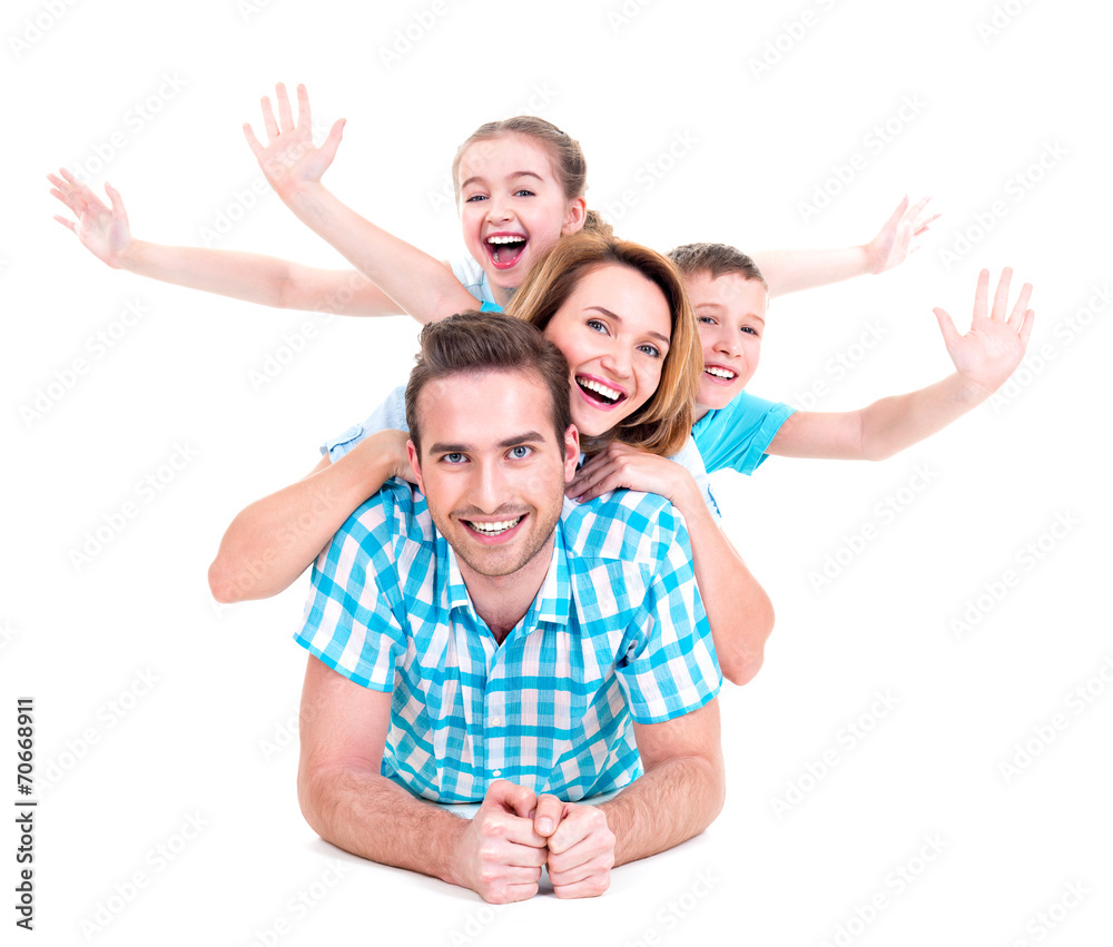 Young happy family with raised hands up