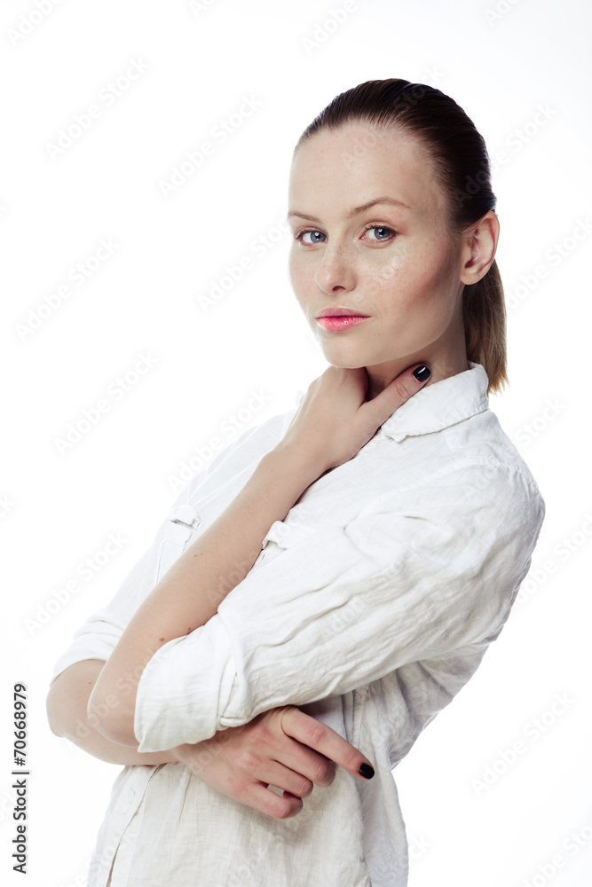 Beautiful business woman in a white shirt, hair in a ponytail on Beautiful business woman in a white shirt, hair in a ponytail on