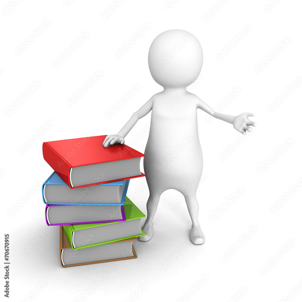 white 3d man stand near stack of colorful books white 3d man stand near stack of colorful books