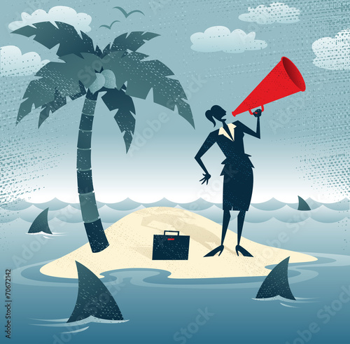 Abstract Businesswoman Calls for Help on an Island.