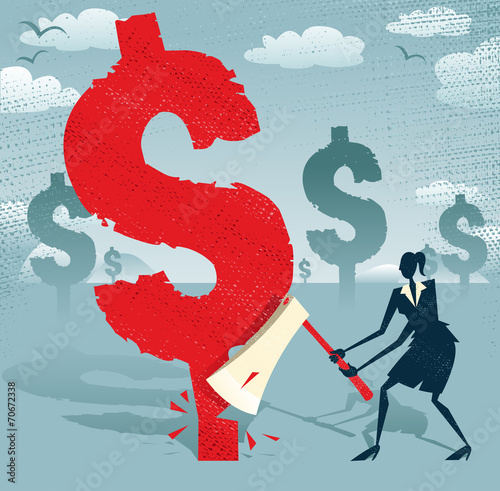 Abstract Businesswoman cuts down the Dollar.