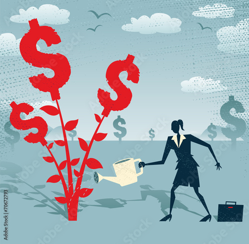 Abstract Businesswoman grows a Dollar Tree.