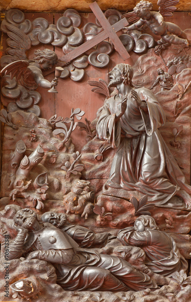 Padua - The carved relief Jesus prayer in Gethsemane garden