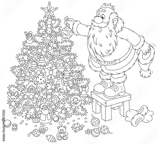 Santa Claus decorating a Christmas tree