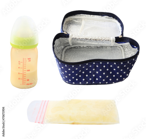 frozen breastmilk, cooling bag, and milk in bottle