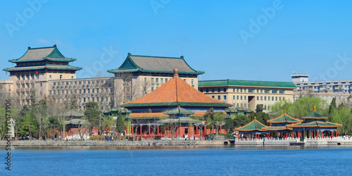 Beihai park panorama with historical architecture in Beijing