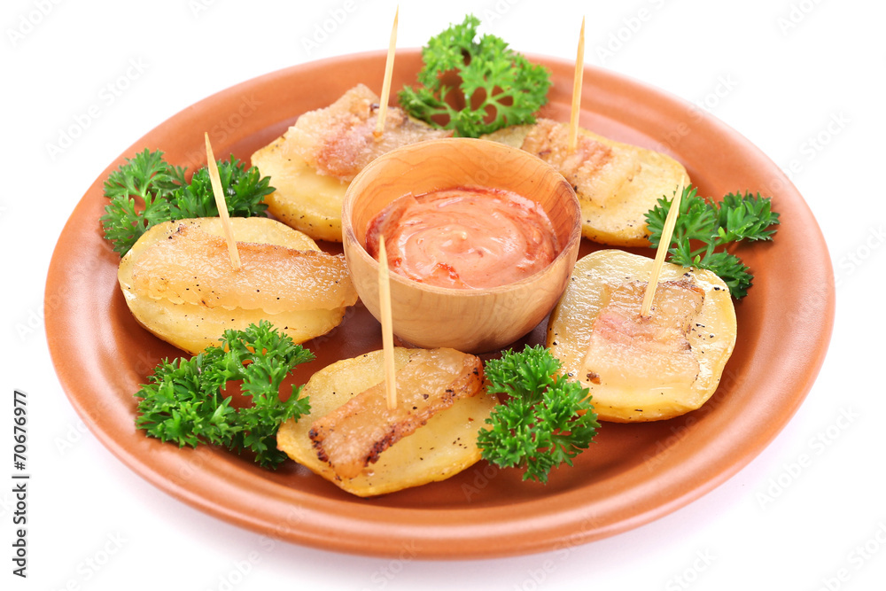 Baked potato with bacon on plate, isolated on white Baked potato with bacon on plate, isolated on white
