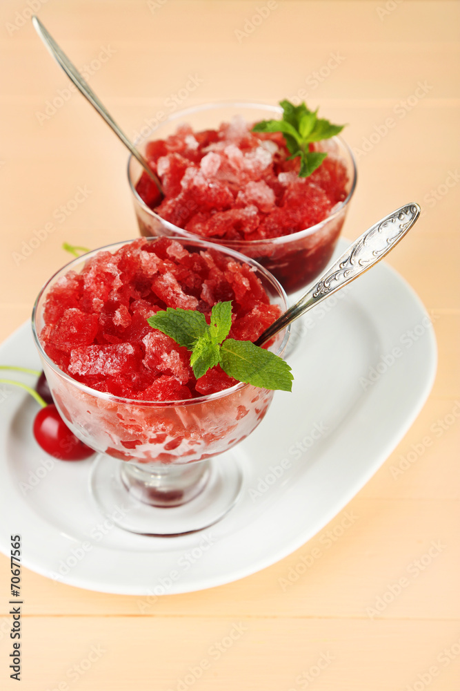 Closeup of cherry granita in glass bowl, Closeup of cherry granita in glass bowl,