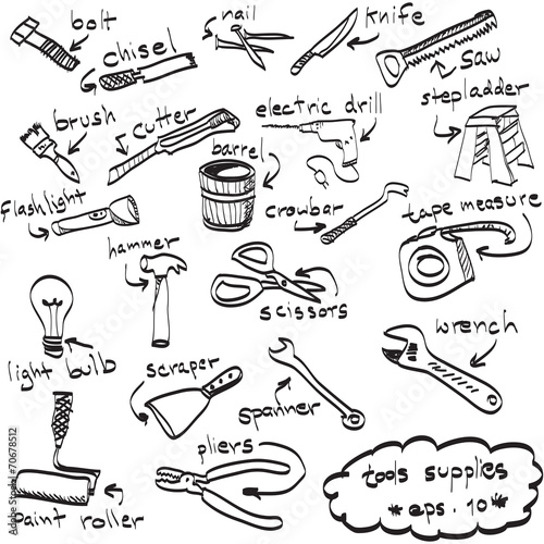 vector hand drawn set of tools supplies, doodles