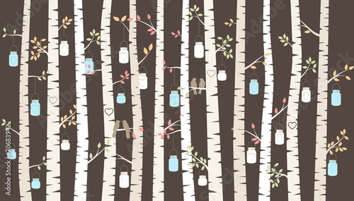 Vector Birch or Aspen Trees with Hanging Mason Jars and Love Bir