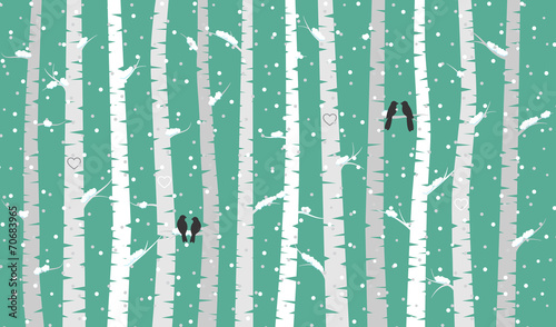 Vector Birch or Aspen Trees with Snow and Love Birds 