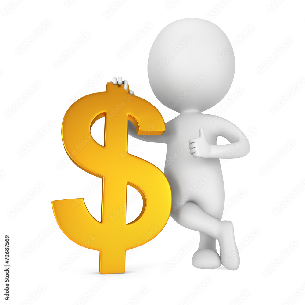 3d white man stand with golden dollar sign 3d white man stand with golden dollar sign