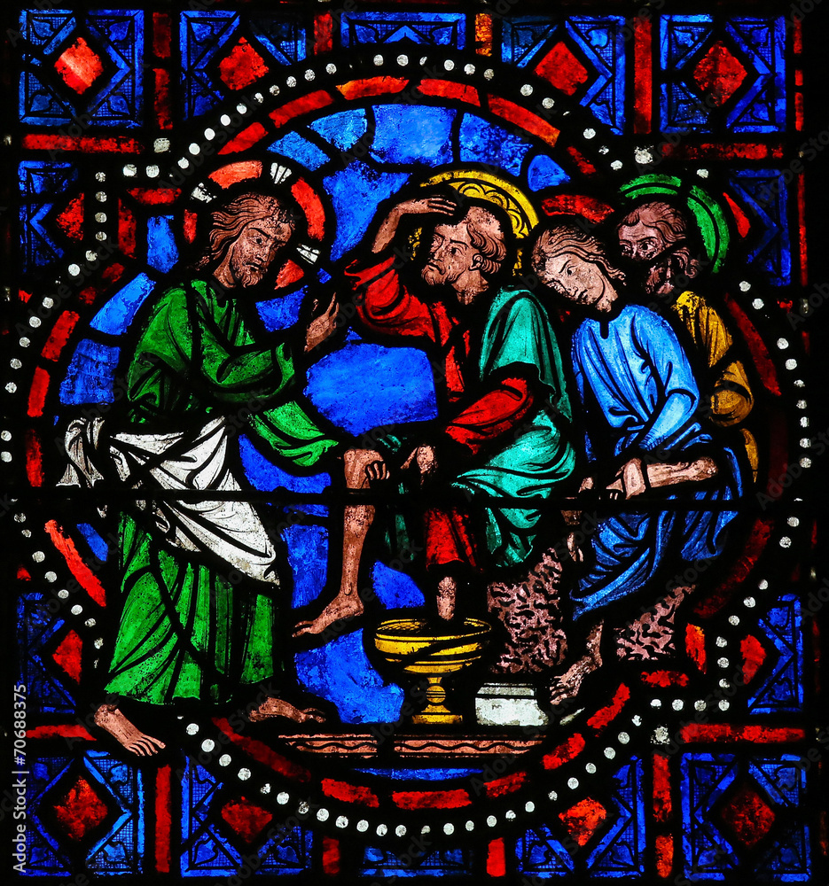 Jesus washing feet of Saint Peter on Maundy Thursday - obrazy, fototapety, plakaty 
