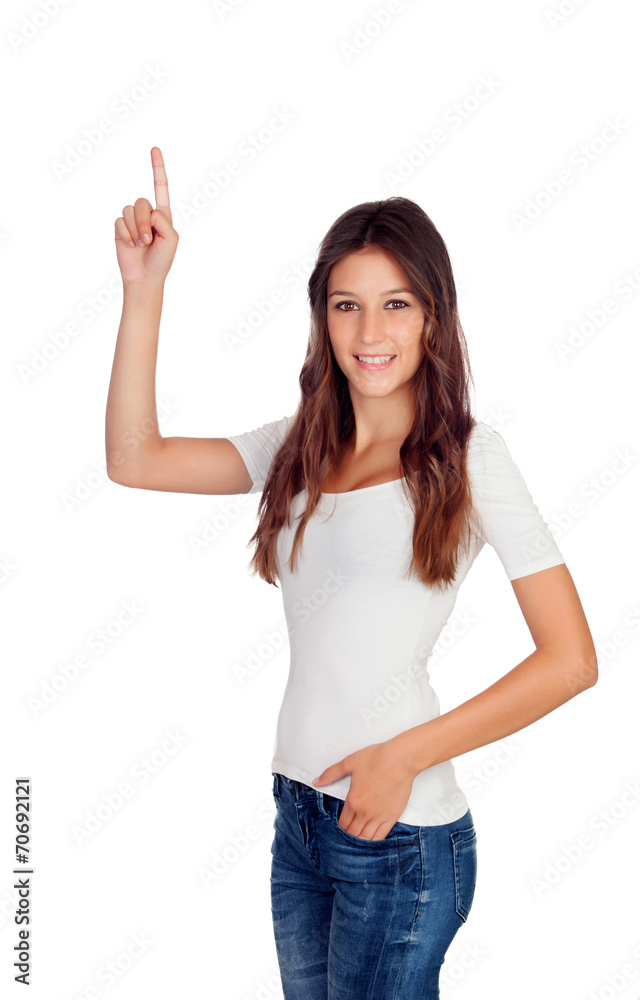Attractive casual girl pointing up