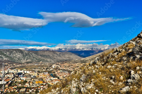 Aerial View of City of Mostar with Mountain Landscape