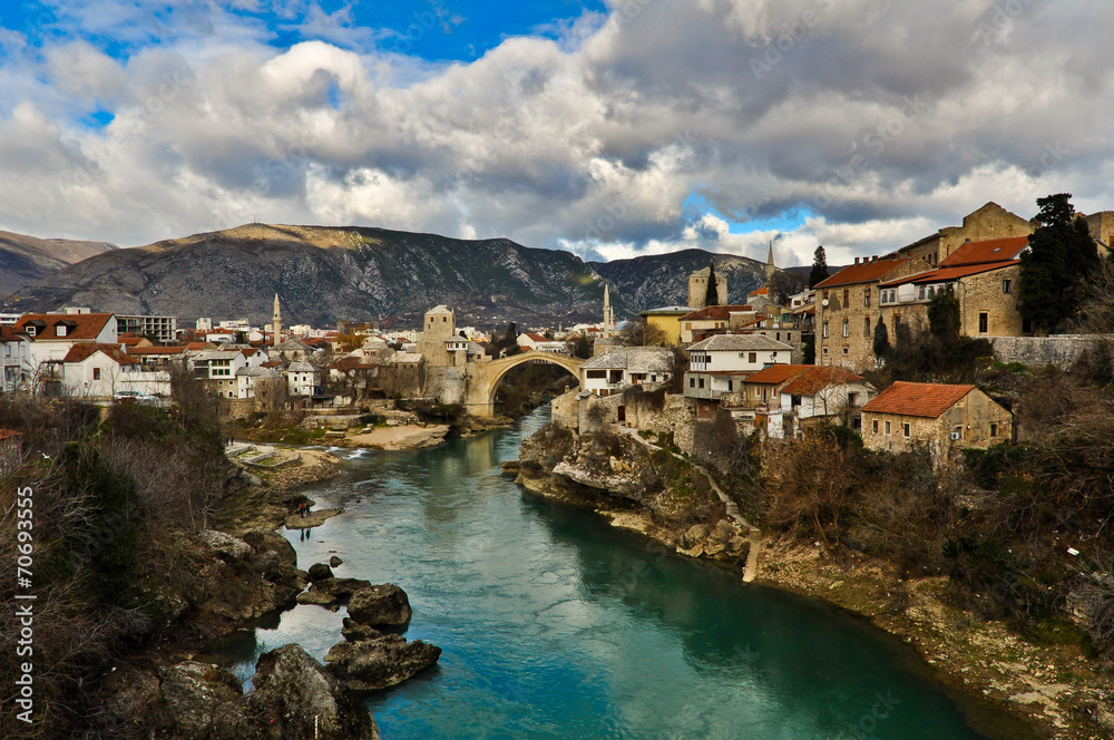 Mostar Old Town View with Rebuilt Old Bridge