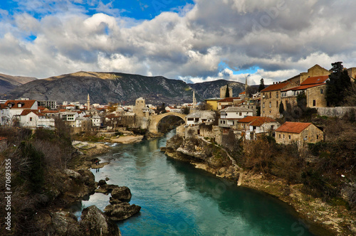 Mostar Old Town View with Rebuilt Old Bridge