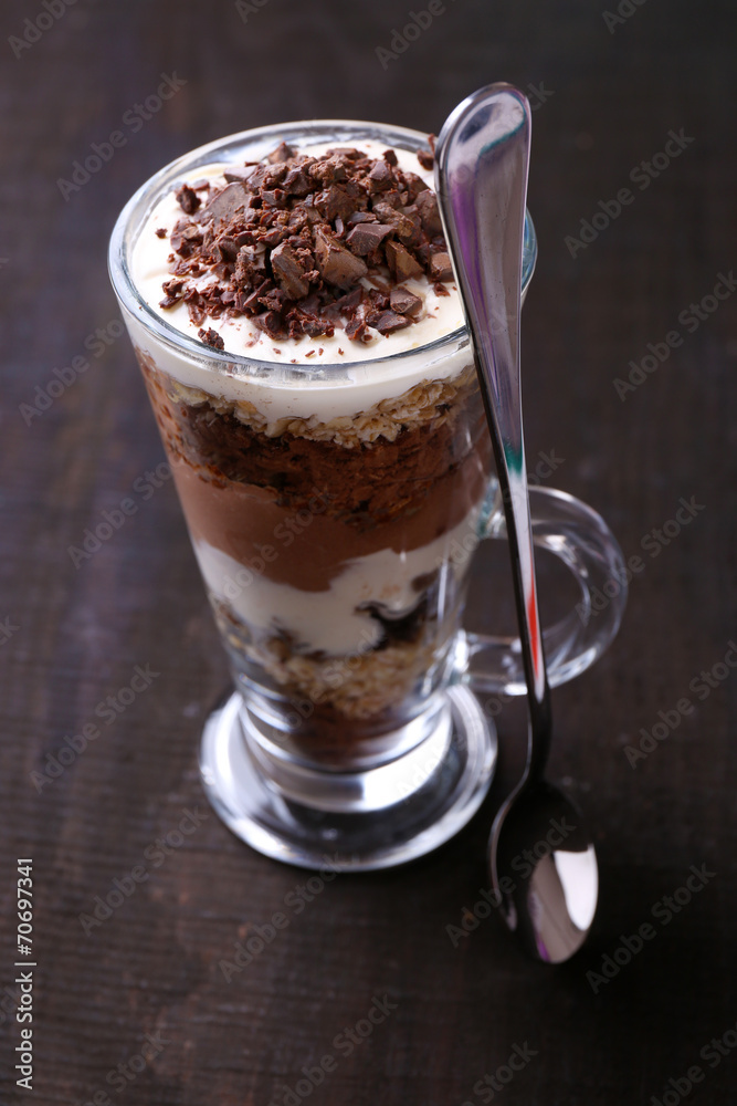 Yogurt, with chocolate cream, chopped chocolate and muesli Yogurt, with chocolate cream, chopped chocolate and muesli