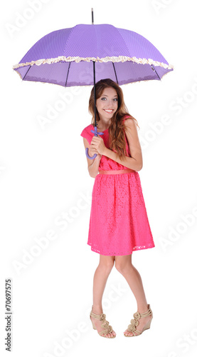 Beautiful young girl with umbrella isolated on white