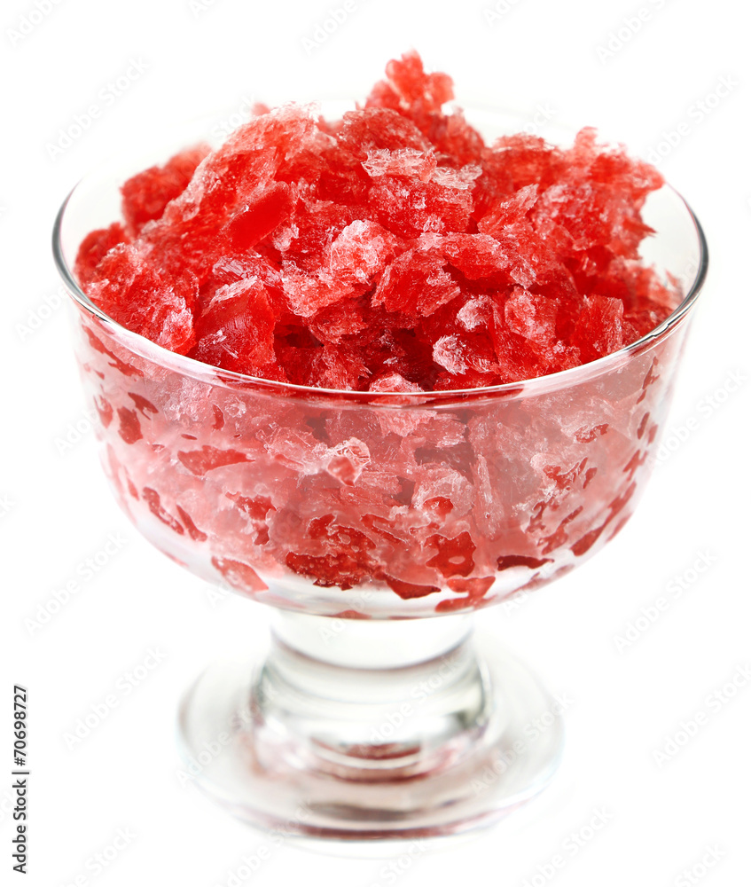 Closeup of cherry granita in glass bowl, isolated on white Closeup of cherry granita in glass bowl, isolated on white