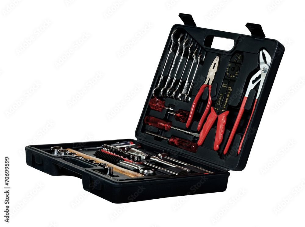 Black toolbox with different instruments isolated on white Black toolbox with different instruments isolated on white