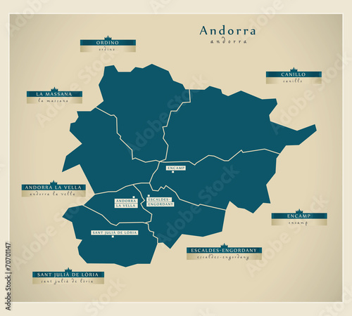 Modern Map - Andorra with cities and districts AD