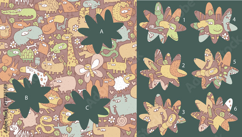 Animals: Match pieces, visual game. Solution in hidden layer!