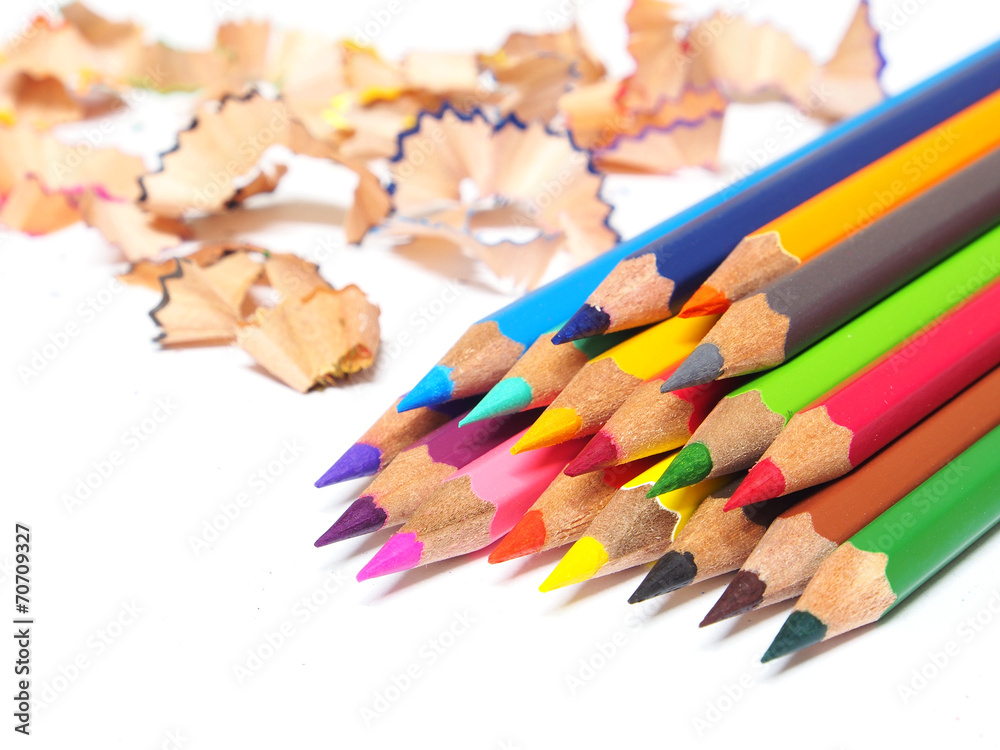 school supplies color pencils shavings isolated on white backgro school supplies color pencils shavings isolated on white backgro