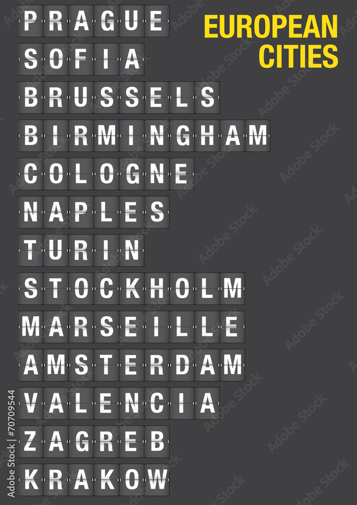 Name of European Cities on Airport Flip Board Name of European Cities on Airport Flip Board
