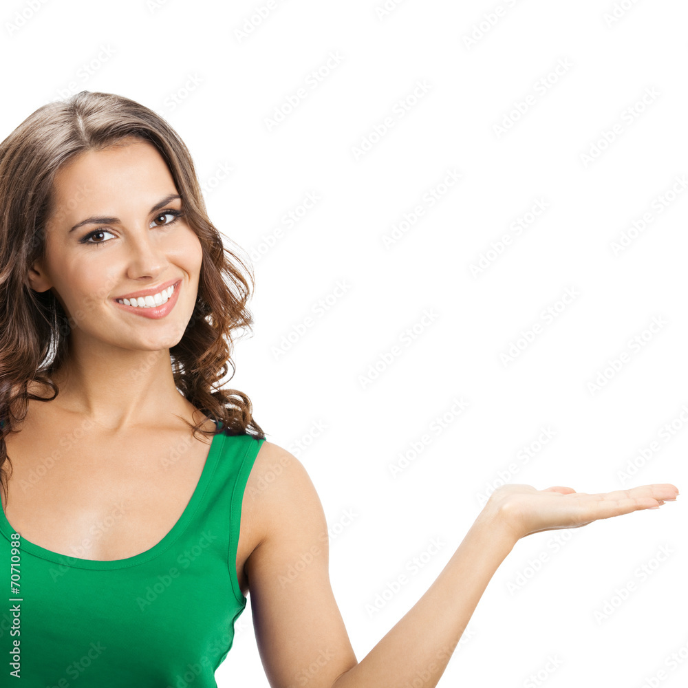 Beautiful young woman showing, on white Beautiful young woman showing, on white