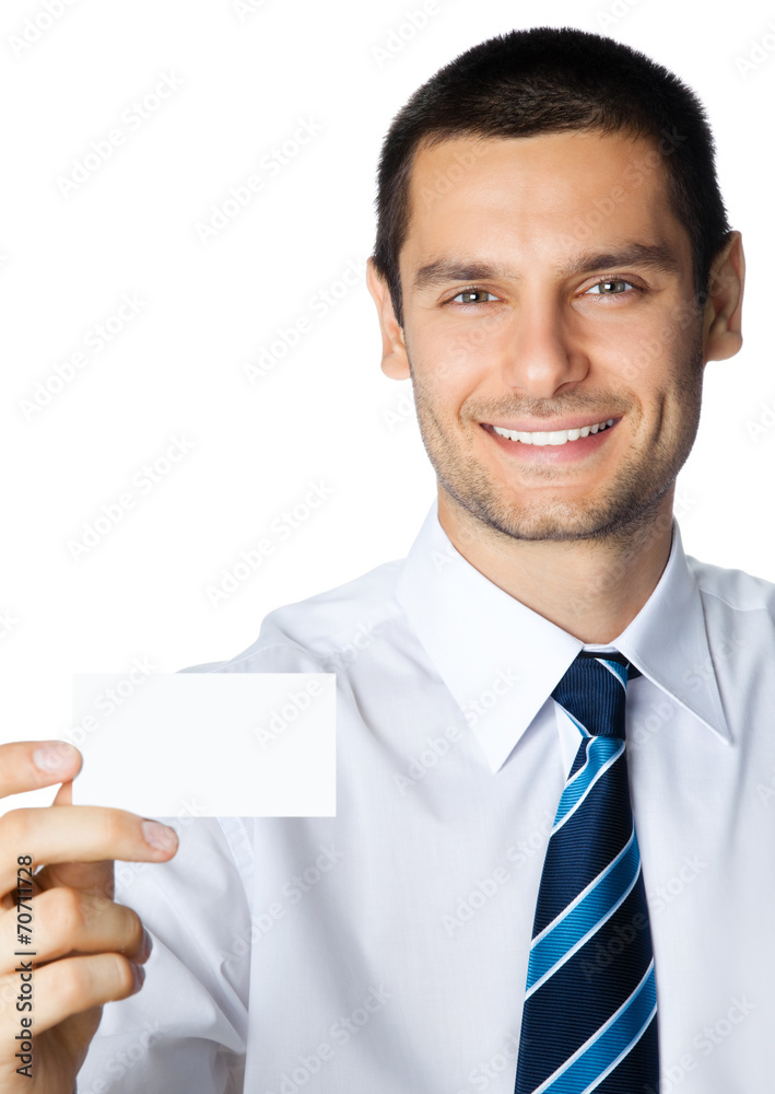 Businessman with business card, on white Businessman with business card, on white