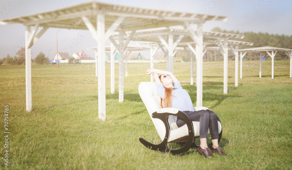 beautiful happy woman relax in chair on lake morning beautiful happy woman relax in chair on lake morning