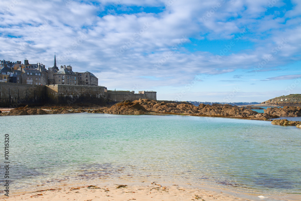 Saint-Malo old city over tidal waters ,  France