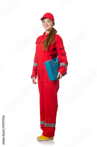 Woman construction worker in red coveralls on white