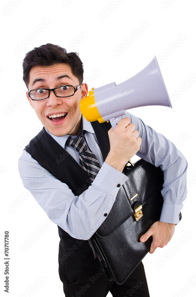 Young businessman with loudspeaker on white Young businessman with loudspeaker on white