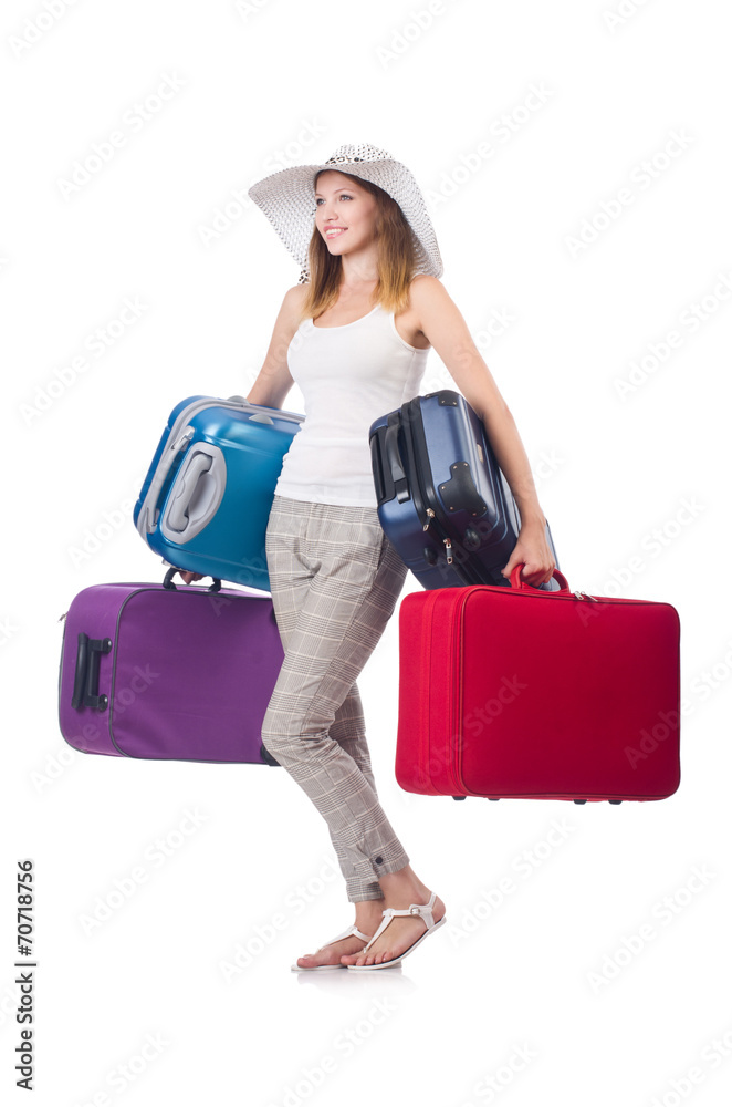 Woman traveller with suitcase isolated on white Woman traveller with suitcase isolated on white