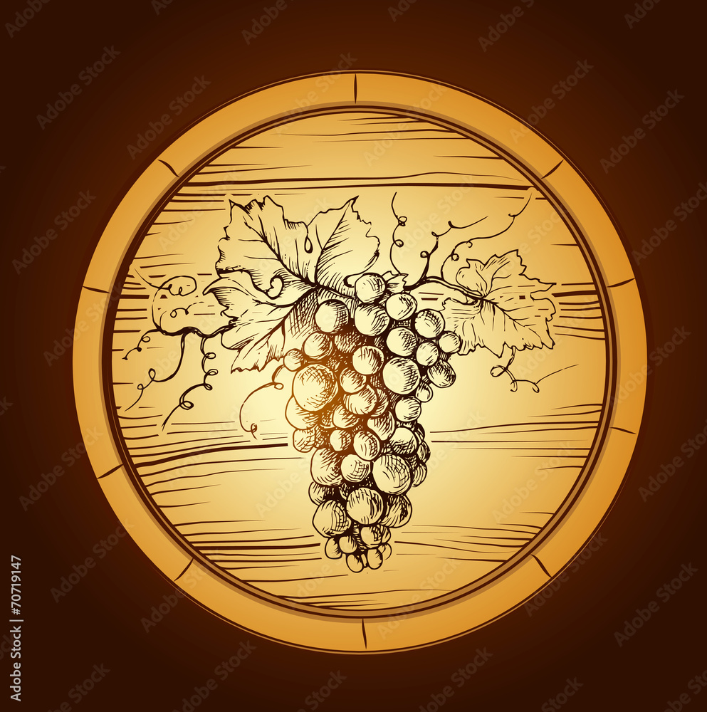 Wine cask . labels for wine with grapes. Barrel. Ceg - obrazy, fototapety, plakaty 