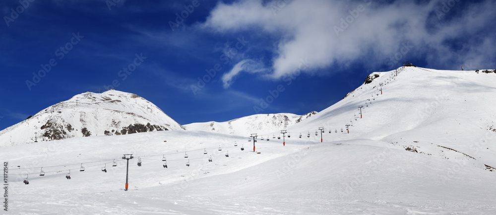 Panorama of ski slope at sunny winter day